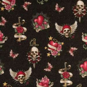   Skulls & Hears Glitter Black Fabric By The Yard Arts, Crafts & Sewing