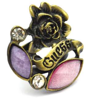 Guess Vintage Logo Rose Flower Crystal Ring R2  