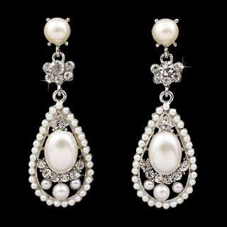 Bridal Wedding Crystal Rhinestone Pearl Teardrop Dangle Earrings 
