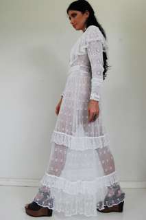   White CROCHET Lace WEDDING Festival SHEER Boho HIPPIE Maxi DRESS XS/S