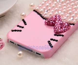 Pink White Bling Hello Kitty Pearl Rhinestone 3D Bow Case Cover for 