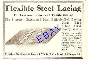 1908 FLEXIBLE STEEL BELT LACING AD BELTING CHICAGO IL  