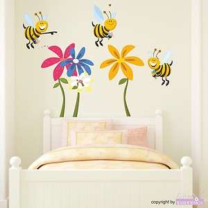 Wandtattoo Lustige Bienen Blumen Kinderzimmer Kids Wandaufkleber 