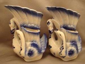 Swan Mother & Baby Porcelain Blue White Vases Vase  