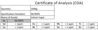 Indium 4N Qualität 99,995% 1000g Barren mit Zerifikat  