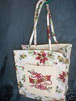 Tote Purse Holiday Botanical w/ Sequined Poinsettia on Pocket 