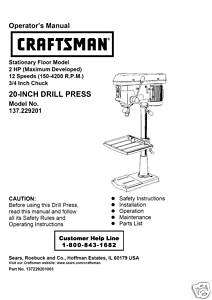 Craftsman 20  DRILL PRESS Manual Model 137.229200  