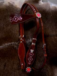 HORSE BRIDLE WESTERN LEATHER HEADSTALL PINK TACK CONCHOS BLING BARREL 