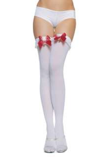 Lace Ruffle Top Opaque Thigh High Stockings with Bell, Marabou and Bow 