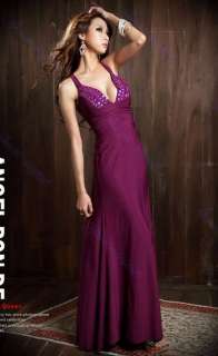   Low Cut V Neck Strappy Backless Jewel Full length Evening Gown Dress
