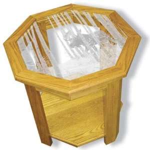   Art Etched Glass Top   Solid Oak End Table Octagon