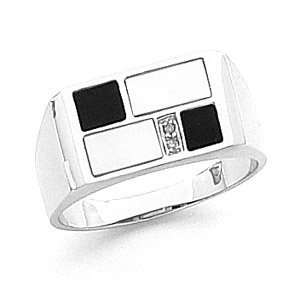    Mens 14k White Gold Mother Pearl Onyx Diamond Ring Jewelry