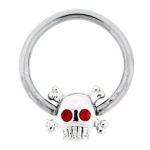 Skull with Crossbones with Red Crystal Eyes Captive Bead Ring   14g 1 