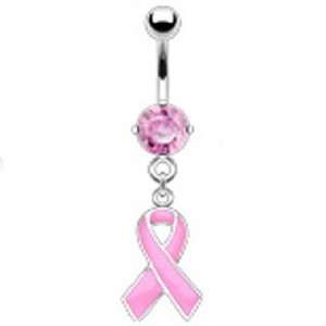 Stainless Steel Pink Breast Cancer Awareness Ribbon Belly Button Naval 