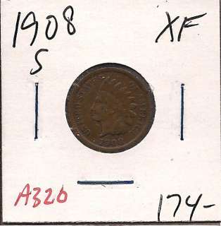 1908 S Indian Head One Cent Penny Extra Fine A320  