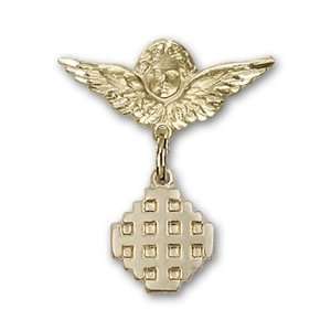   Gold Baby Badge with Jerusalem Cross Charm and Angel w/Wings Badge Pin