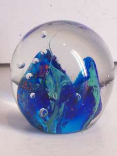 Vintage Glass Paperweight Round Bubbles Blue Green Red Unusual 