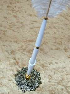 New White Ostrich Plume & Brass Quill Guest Pen & Holder  