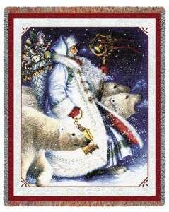 THROW BLANKET Santa and Polar Bears Christmas Woven Jacquard Tapestry 