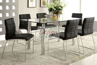 7PC Set Modern Tempered Glass Dining Table & Black Padded Leather 