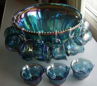   Indiana CARNIVAL GLASS iridescent blue grape PUNCH BOWL set   Pristine