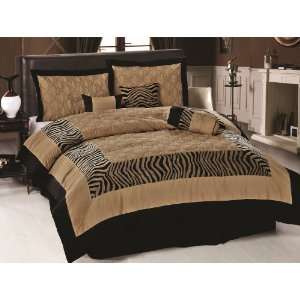  7 Pieces Camel and Black Chenille Zebra Quilted Comforter 