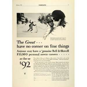 1931 Ad Bell & Howell Skiing Filmo Cameras Projectors St Moritz Monte 