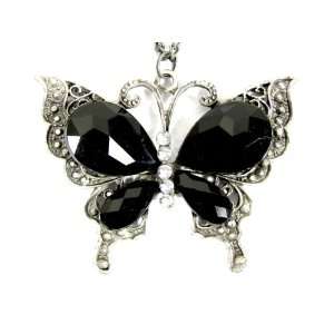 Black Butterfly Necklace Vintage Silver Crystal Charm Antique Moth 