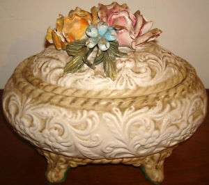 VINTAGE CAPODIMONTE N RAISED FLOWERS COVERED BOWL DISH  