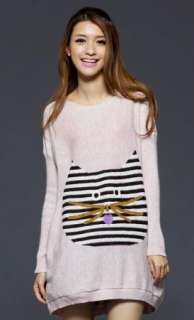   Carton Black And White Stripes Cat Long Knitting Ladies Sweater J677
