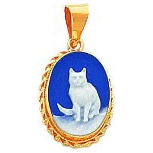  14K Gold Porcelain Cat Cameo Pendant Jewelry New Jewelry