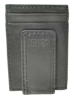 Levis Mens Black Leather Magnetic Money Clip Travelers Card Case ID 