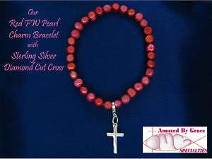 Red Freshwater Pearl Bracelet w/Sterling Cross Charm  