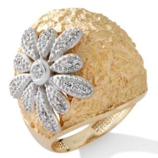  Zirconia Flower Textured Dome Ring 14K Yellow Gold Clad Silver  