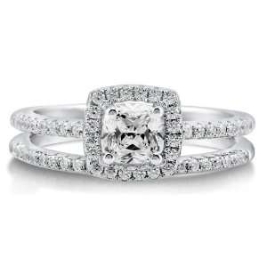 Cushion Cubic Zirconia Sterling Silver 2Pc Halo Bridal Ring Set .46 ct 