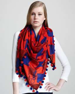 Rochelle Check Pompom Scarf, Red/Blue