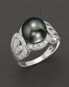 Cultured Tahitian Black Pearl and Diamond Ring in 14K White Gold