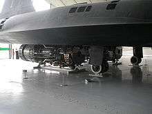 Pratt & Whitney J58 engines beneath the SR 71 on display at the 