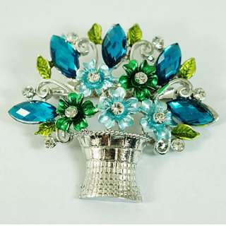   Flower Vase Silver Plated Leaf Gemstone Brooch Pins Fashion  