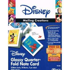  Disney  Glossy Quarter fold Note Cards w/ Print Studio Cd 
