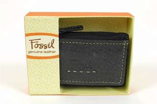 NWT Fossil Black Leather Mini ID Wallet w/ Keyring Pop Stitch Key New 