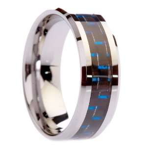  Rings Wedding Bands with Black & Blue Carbon Fiber   Free Engraving 