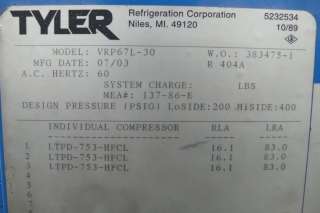Tyler 22.5 HP Low Temp Freezer Refrigeration Rack Copeland Discus 