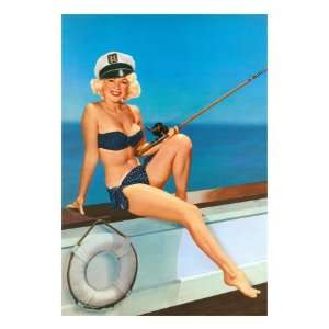  Woman Fishing in Bikini and Captains Hat Giclee Poster 