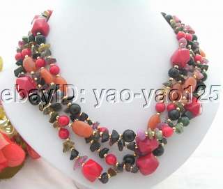 Charming 4Strds Natural Tourmaline&Red Coral&Onyx&Jade Necklace