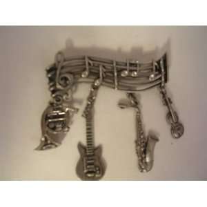 Music Pewter 2 Jewelry Pin ; Musical Guitar, Sax, French Horn, Violin