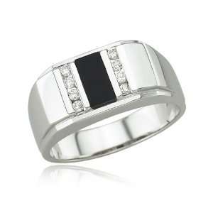  14K White Gold Onyx & Diamond Mens Ring Jewelry