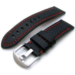  Carbon Fiber Watch Band 22mm Black , Dark Orange Stitching 