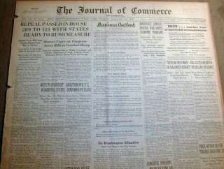 1933 newspaper w display Headline   REPEAL OF PROHIBITION   the 18th 