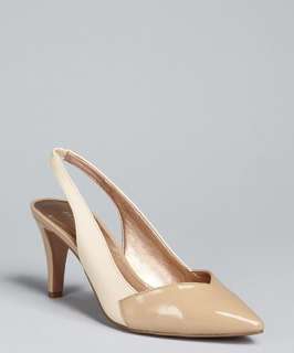 BCBGeneration cream and tan patent leather Peety slingback pumps
